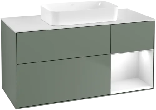 Obrázek VILLEROY BOCH Toaletní skříňka Finion, s osvětlením, 3 výsuvy, 1200 x 603 x 501 mm, olivově matný lak / lesklý bílý lak / sklo bílé matné #F711GFGM