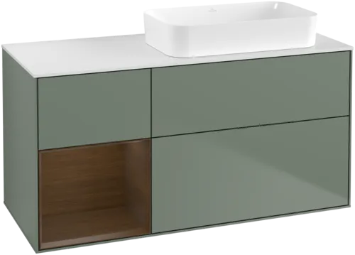Bild von VILLEROY BOCH Finion Waschbeckenunterschrank, mit Beleuchtung, 3 Auszüge, 1200 x 603 x 501 mm, Olive Matt Lacquer / Walnut Veneer / Glass White Matt #F681GNGM