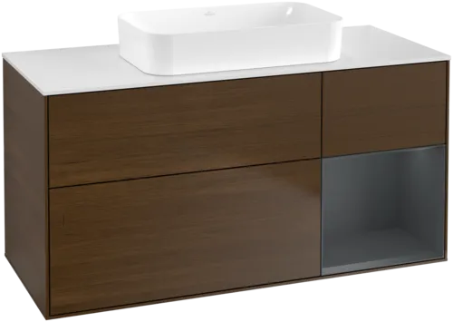 Bild von VILLEROY BOCH Finion Waschbeckenunterschrank, mit Beleuchtung, 3 Auszüge, 1200 x 603 x 501 mm, Walnut Veneer / Midnight Blue Matt Lacquer / Glass White Matt #F711HGGN