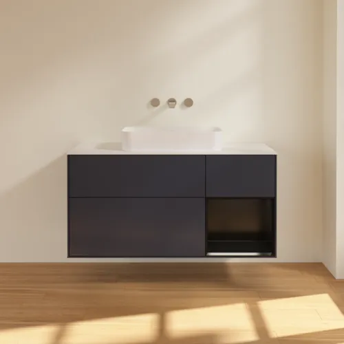 Bild von VILLEROY BOCH Finion Waschbeckenunterschrank, mit Beleuchtung, 3 Auszüge, 1200 x 603 x 501 mm, Midnight Blue Matt Lacquer / Black Matt Lacquer / Glass White Matt #F711PDHG
