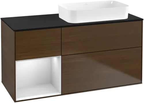 Bild von VILLEROY BOCH Finion Waschbeckenunterschrank, mit Beleuchtung, 3 Auszüge, 1200 x 603 x 501 mm, Walnut Veneer / White Matt Lacquer / Glass Black Matt #F682MTGN