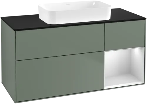 Bild von VILLEROY BOCH Finion Waschbeckenunterschrank, mit Beleuchtung, 3 Auszüge, 1200 x 603 x 501 mm, Olive Matt Lacquer / White Matt Lacquer / Glass Black Matt #F712MTGM