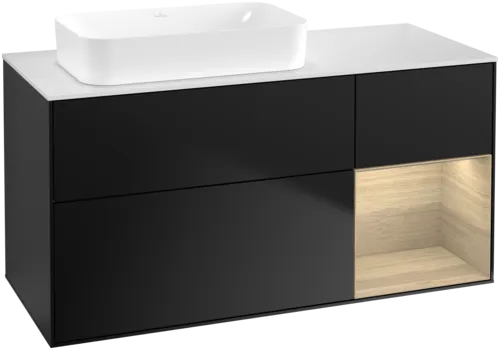 Bild von VILLEROY BOCH Finion Waschbeckenunterschrank, mit Beleuchtung, 3 Auszüge, 1200 x 603 x 501 mm, Black Matt Lacquer / Oak Veneer / Glass White Matt #F691PCPD