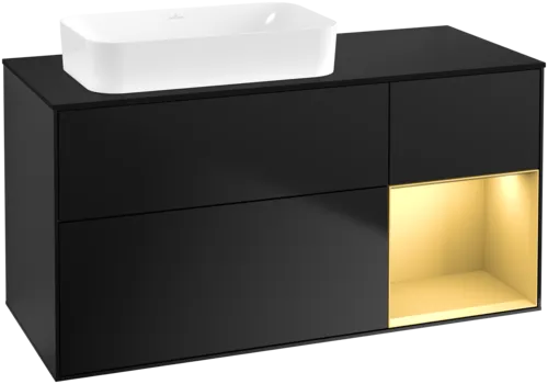 Bild von VILLEROY BOCH Finion Waschbeckenunterschrank, mit Beleuchtung, 3 Auszüge, 1200 x 603 x 501 mm, Black Matt Lacquer / Gold Matt Lacquer / Glass Black Matt #F692HFPD