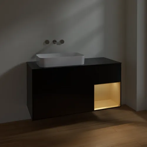 Bild von VILLEROY BOCH Finion Waschbeckenunterschrank, mit Beleuchtung, 3 Auszüge, 1200 x 603 x 501 mm, Black Matt Lacquer / Gold Matt Lacquer / Glass Black Matt #F692HFPD