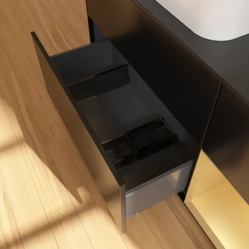 Bild von VILLEROY BOCH Finion Waschbeckenunterschrank, mit Beleuchtung, 3 Auszüge, 1200 x 603 x 501 mm, Black Matt Lacquer / Gold Matt Lacquer / Glass Black Matt #F692HFPD
