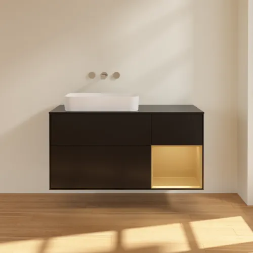 Bild von VILLEROY BOCH Finion Waschbeckenunterschrank, mit Beleuchtung, 3 Auszüge, 1200 x 603 x 501 mm, Black Matt Lacquer / Gold Matt Lacquer / Glass Black Matt #F692HFPD