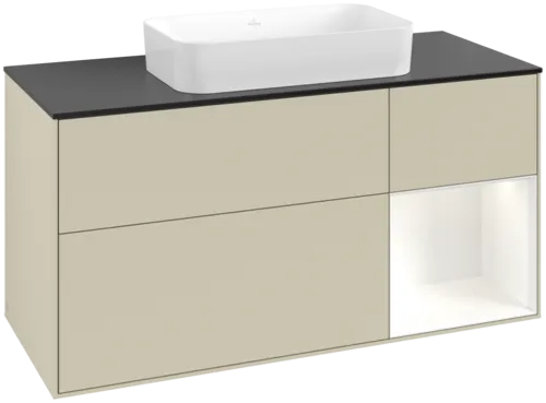 Bild von VILLEROY BOCH Finion Waschbeckenunterschrank, mit Beleuchtung, 3 Auszüge, 1200 x 603 x 501 mm, Silk Grey Matt Lacquer / White Matt Lacquer / Glass Black Matt #F712MTHJ