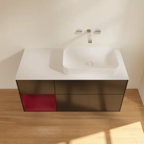 Picture of VILLEROY BOCH Finion Vanity unit, with lighting, 3 pull-out compartments, 1200 x 603 x 501 mm, Black Matt Lacquer / Peony Matt Lacquer / Glass White Matt #F681HBPD