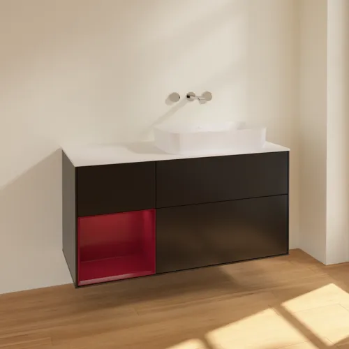 Picture of VILLEROY BOCH Finion Vanity unit, with lighting, 3 pull-out compartments, 1200 x 603 x 501 mm, Black Matt Lacquer / Peony Matt Lacquer / Glass White Matt #F681HBPD
