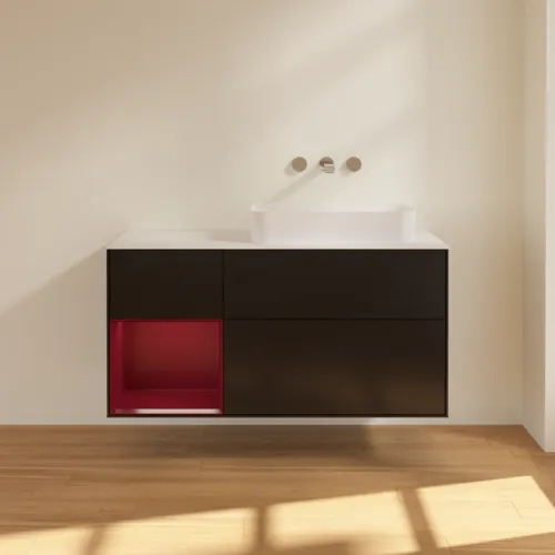 Picture of VILLEROY BOCH Finion Vanity unit, with lighting, 3 pull-out compartments, 1200 x 603 x 501 mm, Black Matt Lacquer / Peony Matt Lacquer / Glass White Matt #F681HBPD
