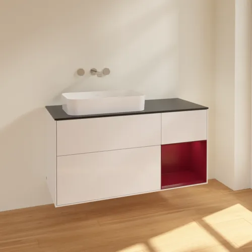 Bild von VILLEROY BOCH Finion Waschbeckenunterschrank, mit Beleuchtung, 3 Auszüge, 1200 x 603 x 501 mm, Glossy White Lacquer / Peony Matt Lacquer / Glass Black Matt #F692HBGF