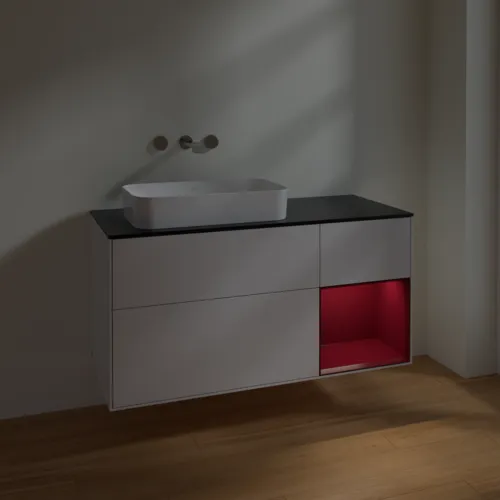 Bild von VILLEROY BOCH Finion Waschbeckenunterschrank, mit Beleuchtung, 3 Auszüge, 1200 x 603 x 501 mm, Glossy White Lacquer / Peony Matt Lacquer / Glass Black Matt #F692HBGF