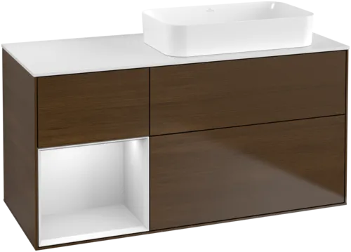 Bild von VILLEROY BOCH Finion Waschbeckenunterschrank, mit Beleuchtung, 3 Auszüge, 1200 x 603 x 501 mm, Walnut Veneer / White Matt Lacquer / Glass White Matt #F681MTGN