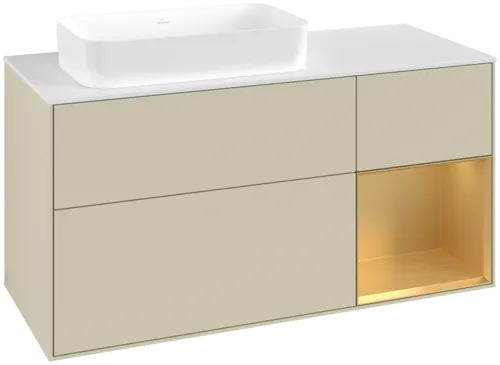 Obrázek VILLEROY BOCH Toaletní skříňka Finion, s osvětlením, 3 výsuvy, 1200 x 603 x 501 mm, Silk Grey Matt Lacquer / Gold Matt Lacquer / Glass White Matt #F691HFHJ
