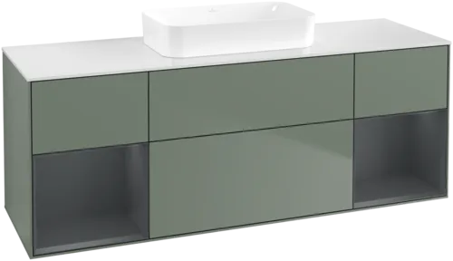 Obrázek VILLEROY BOCH Toaletní skříňka Finion, s osvětlením, 4 výsuvy, 1600 x 603 x 501 mm, olivový matný lak / půlnoční modrý matný lak / bílé matné sklo #F741HGGM