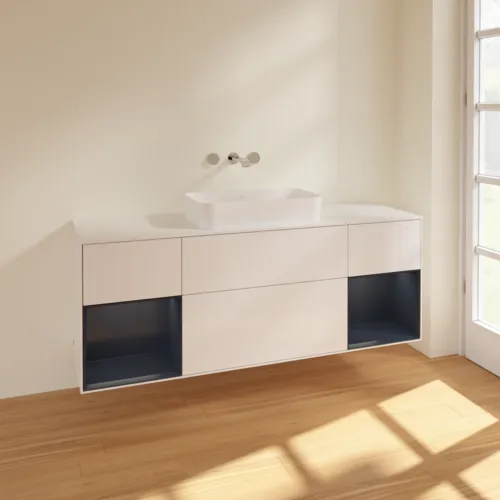 Picture of VILLEROY BOCH Finion Vanity unit, with lighting, 4 pull-out compartments, 1600 x 603 x 501 mm, Glossy White Lacquer / Midnight Blue Matt Lacquer / Glass White Matt #F741HGGF
