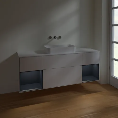 Picture of VILLEROY BOCH Finion Vanity unit, with lighting, 4 pull-out compartments, 1600 x 603 x 501 mm, Glossy White Lacquer / Midnight Blue Matt Lacquer / Glass White Matt #F741HGGF