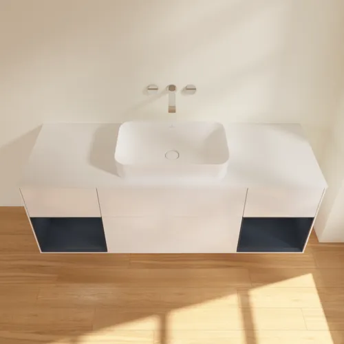 Picture of VILLEROY BOCH Finion Vanity unit, with lighting, 4 pull-out compartments, 1600 x 603 x 501 mm, Glossy White Lacquer / Midnight Blue Matt Lacquer / Glass White Matt #F741HGGF