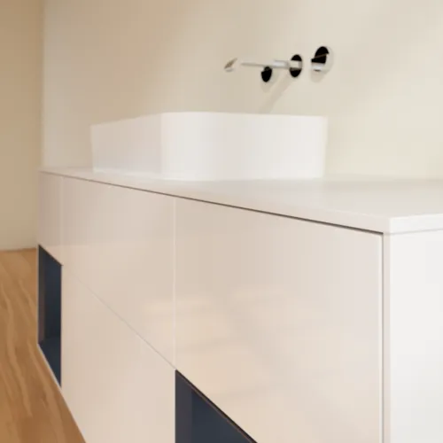 Picture of VILLEROY BOCH Finion Vanity unit, with lighting, 4 pull-out compartments, 1600 x 603 x 501 mm, Glossy White Lacquer / Midnight Blue Matt Lacquer / Glass White Matt #F741HGGF