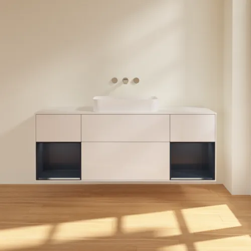 Picture of VILLEROY BOCH Finion Vanity unit, with lighting, 4 pull-out compartments, 1600 x 603 x 501 mm, Glossy White Lacquer / Midnight Blue Matt Lacquer / Glass White Matt #F741HGGF