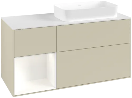 Bild von VILLEROY BOCH Finion Waschbeckenunterschrank, mit Beleuchtung, 3 Auszüge, 1200 x 603 x 501 mm, Silk Grey Matt Lacquer / White Matt Lacquer / Glass White Matt #F681MTHJ