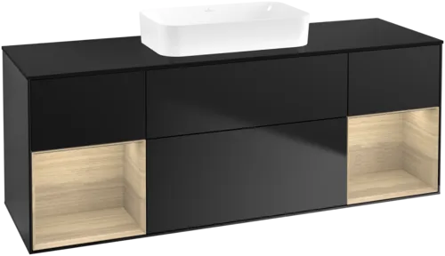 Bild von VILLEROY BOCH Finion Waschbeckenunterschrank, mit Beleuchtung, 4 Auszüge, 1600 x 603 x 501 mm, Black Matt Lacquer / Oak Veneer / Glass Black Matt #F742PCPD