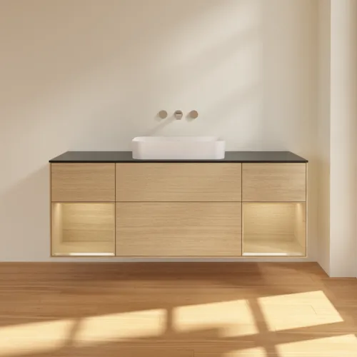 Bild von VILLEROY BOCH Finion Waschbeckenunterschrank, mit Beleuchtung, 4 Auszüge, 1600 x 603 x 501 mm, Oak Veneer / Oak Veneer / Glass Black Matt #F742PCPC