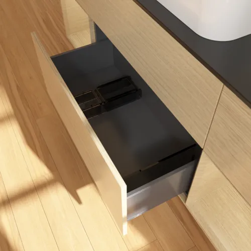 Bild von VILLEROY BOCH Finion Waschbeckenunterschrank, mit Beleuchtung, 4 Auszüge, 1600 x 603 x 501 mm, Oak Veneer / Oak Veneer / Glass Black Matt #F742PCPC