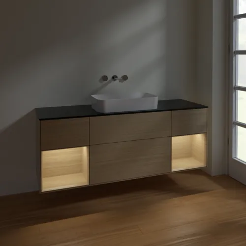 Bild von VILLEROY BOCH Finion Waschbeckenunterschrank, mit Beleuchtung, 4 Auszüge, 1600 x 603 x 501 mm, Oak Veneer / Oak Veneer / Glass Black Matt #F742PCPC