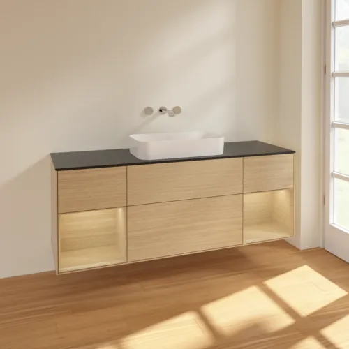 Bild von VILLEROY BOCH Finion Waschbeckenunterschrank, mit Beleuchtung, 4 Auszüge, 1600 x 603 x 501 mm, Oak Veneer / Oak Veneer / Glass Black Matt #F742PCPC