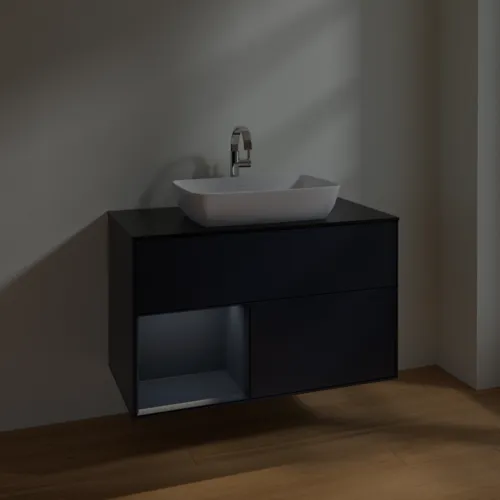 Bild von VILLEROY BOCH Finion Waschbeckenunterschrank, mit Beleuchtung, 2 Auszüge, 1000 x 603 x 501 mm, Midnight Blue Matt Lacquer / Midnight Blue Matt Lacquer / Glass Black Matt #F772HGHG