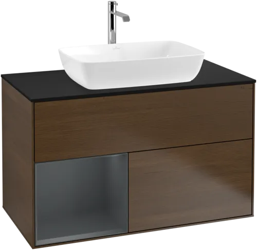 Bild von VILLEROY BOCH Finion Waschbeckenunterschrank, mit Beleuchtung, 2 Auszüge, 1000 x 603 x 501 mm, Walnut Veneer / Midnight Blue Matt Lacquer / Glass Black Matt #F772HGGN