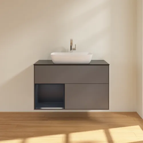 Bild von VILLEROY BOCH Finion Waschbeckenunterschrank, mit Beleuchtung, 2 Auszüge, 1000 x 603 x 501 mm, Anthracite Matt Lacquer / Midnight Blue Matt Lacquer / Glass Black Matt #F772HGGK