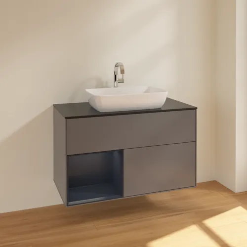 Bild von VILLEROY BOCH Finion Waschbeckenunterschrank, mit Beleuchtung, 2 Auszüge, 1000 x 603 x 501 mm, Anthracite Matt Lacquer / Midnight Blue Matt Lacquer / Glass Black Matt #F772HGGK