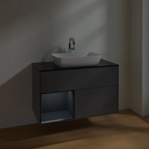 Bild von VILLEROY BOCH Finion Waschbeckenunterschrank, mit Beleuchtung, 2 Auszüge, 1000 x 603 x 501 mm, Anthracite Matt Lacquer / Midnight Blue Matt Lacquer / Glass Black Matt #F772HGGK