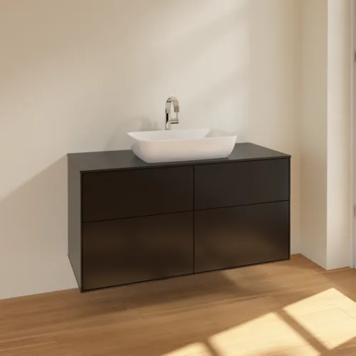 Obrázek VILLEROY BOCH Toaletní skříňka Finion, 4 výsuvy, 1200 x 603 x 501 mm, černý matný lak / černé matné sklo #F79200PD