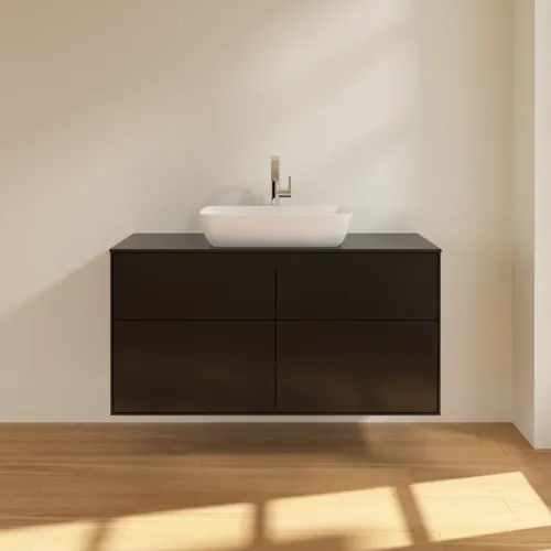 Obrázek VILLEROY BOCH Toaletní skříňka Finion, 4 výsuvy, 1200 x 603 x 501 mm, černý matný lak / černé matné sklo #F79200PD