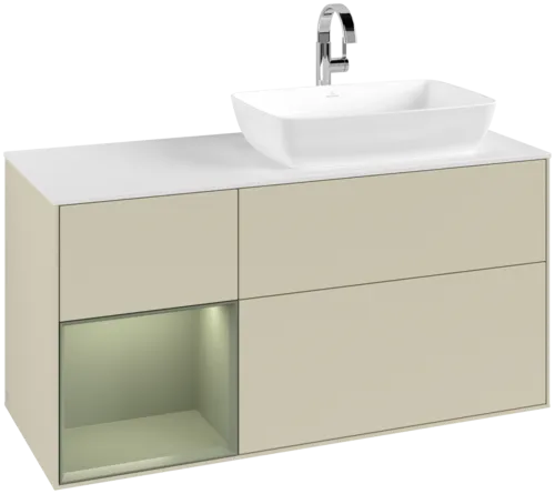 Bild von VILLEROY BOCH Finion Waschbeckenunterschrank, mit Beleuchtung, 3 Auszüge, 1200 x 603 x 501 mm, Silk Grey Matt Lacquer / Olive Matt Lacquer / Glass White Matt #F801GMHJ