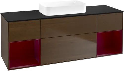 Bild von VILLEROY BOCH Finion Waschbeckenunterschrank, mit Beleuchtung, 4 Auszüge, 1600 x 603 x 501 mm, Walnut Veneer / Peony Matt Lacquer / Glass Black Matt #F742HBGN