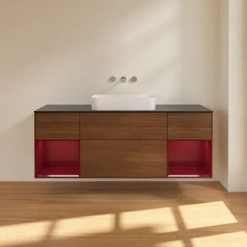 Bild von VILLEROY BOCH Finion Waschbeckenunterschrank, mit Beleuchtung, 4 Auszüge, 1600 x 603 x 501 mm, Walnut Veneer / Peony Matt Lacquer / Glass Black Matt #F742HBGN