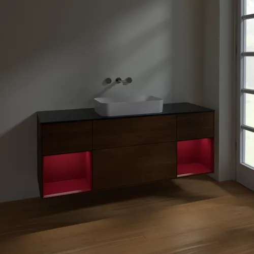 Bild von VILLEROY BOCH Finion Waschbeckenunterschrank, mit Beleuchtung, 4 Auszüge, 1600 x 603 x 501 mm, Walnut Veneer / Peony Matt Lacquer / Glass Black Matt #F742HBGN