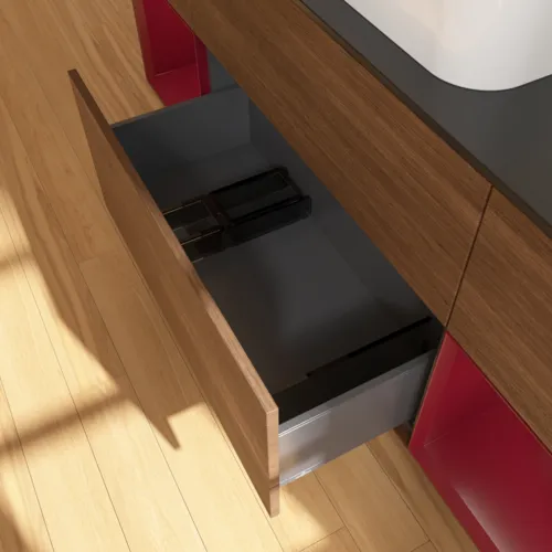 Bild von VILLEROY BOCH Finion Waschbeckenunterschrank, mit Beleuchtung, 4 Auszüge, 1600 x 603 x 501 mm, Walnut Veneer / Peony Matt Lacquer / Glass Black Matt #F742HBGN