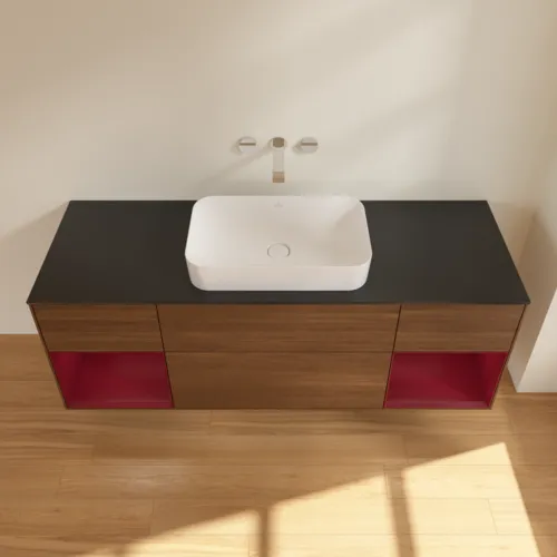 Bild von VILLEROY BOCH Finion Waschbeckenunterschrank, mit Beleuchtung, 4 Auszüge, 1600 x 603 x 501 mm, Walnut Veneer / Peony Matt Lacquer / Glass Black Matt #F742HBGN