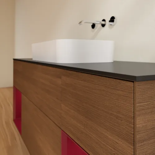 Bild von VILLEROY BOCH Finion Waschbeckenunterschrank, mit Beleuchtung, 4 Auszüge, 1600 x 603 x 501 mm, Walnut Veneer / Peony Matt Lacquer / Glass Black Matt #F742HBGN