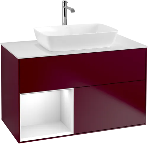 Bild von VILLEROY BOCH Finion Waschbeckenunterschrank, mit Beleuchtung, 2 Auszüge, 1000 x 603 x 501 mm, Peony Matt Lacquer / Glossy White Lacquer / Glass White Matt #F771GFHB