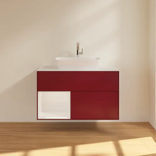 Picture of VILLEROY BOCH Finion Vanity unit, with lighting, 2 pull-out compartments, 1000 x 603 x 501 mm, Peony Matt Lacquer / Glossy White Lacquer / Glass White Matt #F771GFHB