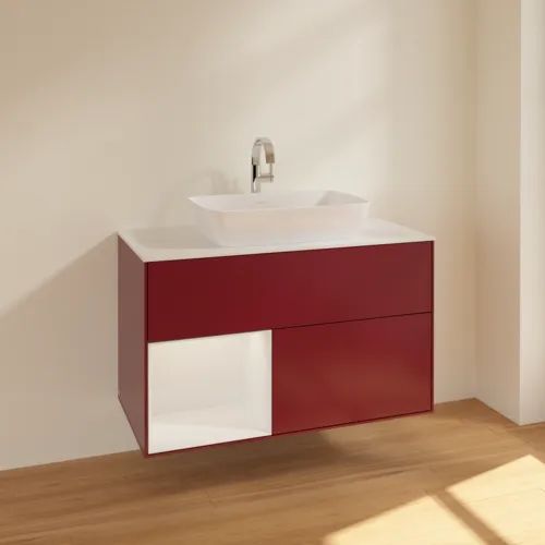 Picture of VILLEROY BOCH Finion Vanity unit, with lighting, 2 pull-out compartments, 1000 x 603 x 501 mm, Peony Matt Lacquer / Glossy White Lacquer / Glass White Matt #F771GFHB