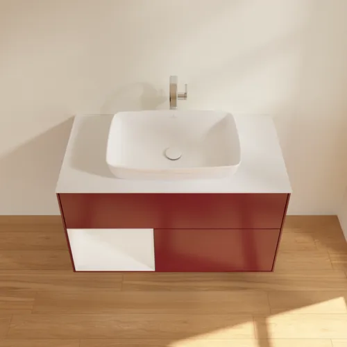 Picture of VILLEROY BOCH Finion Vanity unit, with lighting, 2 pull-out compartments, 1000 x 603 x 501 mm, Peony Matt Lacquer / Glossy White Lacquer / Glass White Matt #F771GFHB