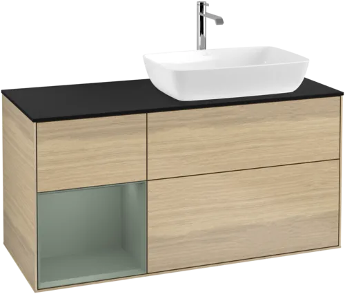 Bild von VILLEROY BOCH Finion Waschbeckenunterschrank, mit Beleuchtung, 3 Auszüge, 1200 x 603 x 501 mm, Oak Veneer / Olive Matt Lacquer / Glass Black Matt #F802GMPC